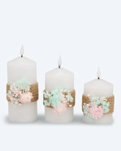 3 LED-Stumpenkerzen mit Blumen-Deko