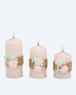 3 LED-Stumpenkerzen mit Blumen-Deko